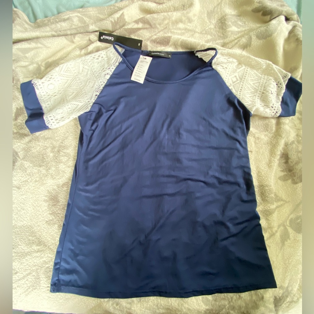 Celmia Navy Blue Top with White Lace Sleeves